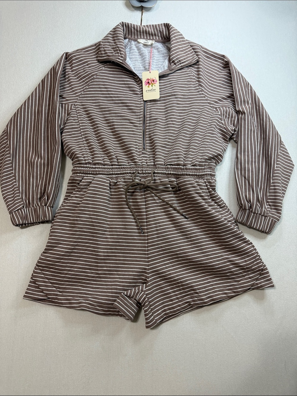 entro Taupe & White Striped Half-Zip Romper